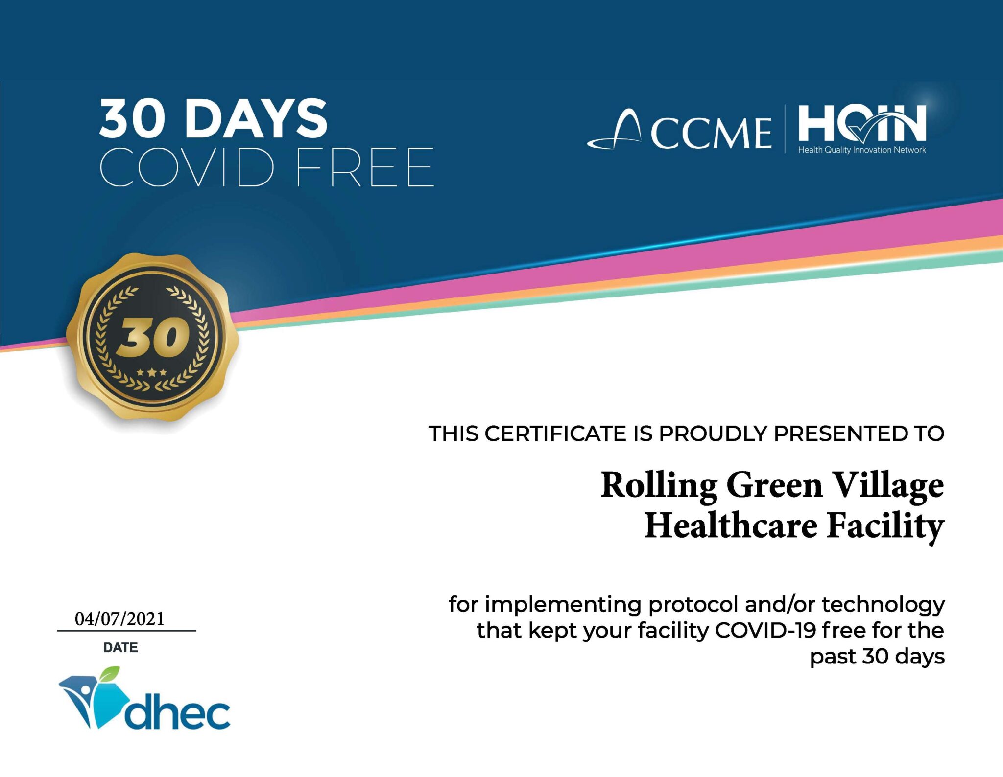 Recognized for Being 30 Days Covid Free Rolling Green Village